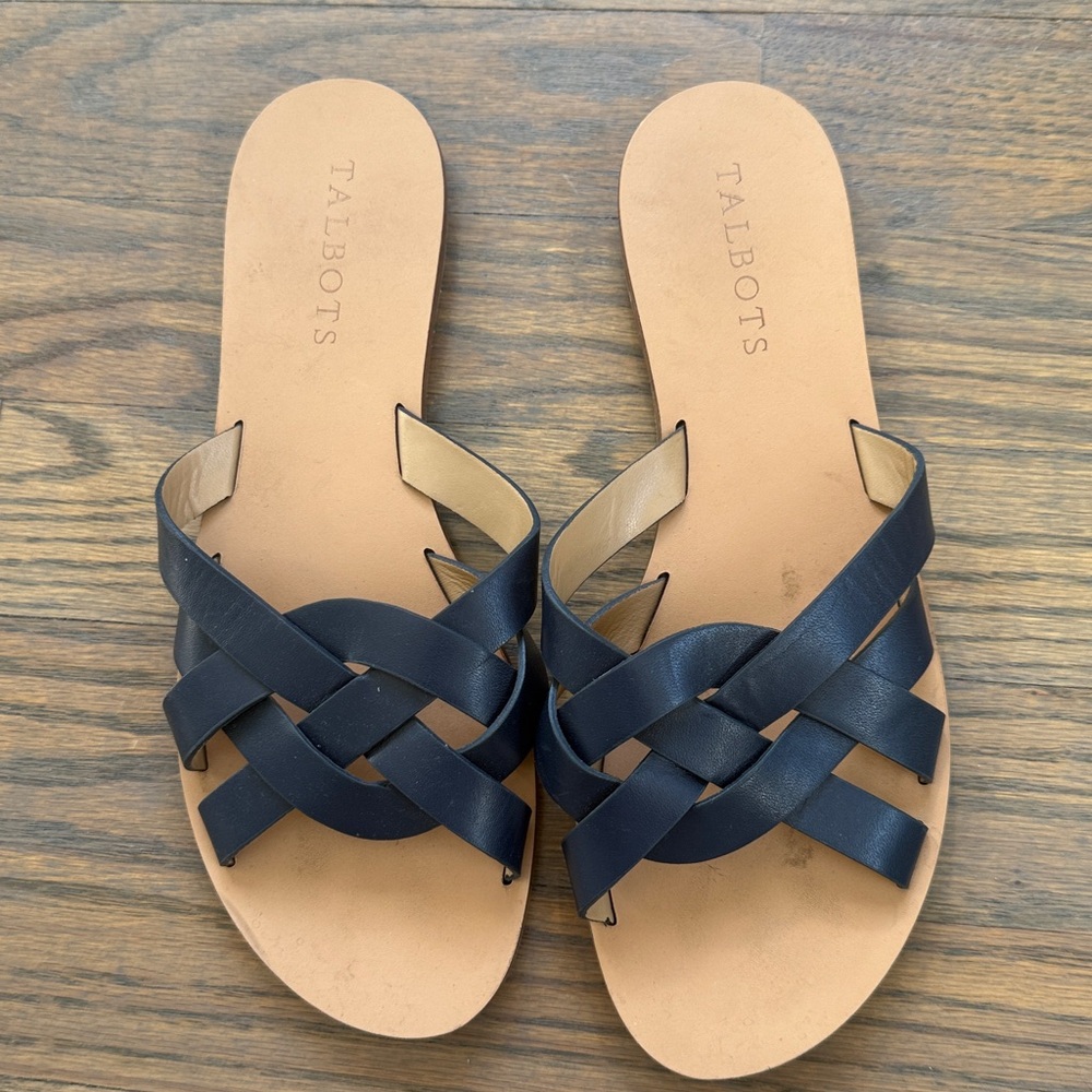 Talbots Navy Leather Woven Slide Sandals